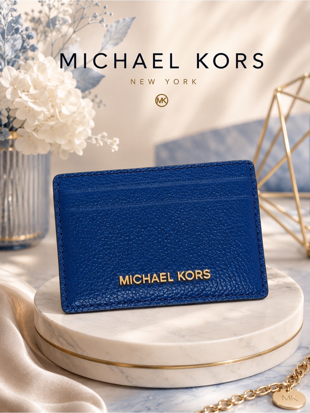 Michael Kors Jet Set Dark Denim Blue Pebbled Leather Card Holder NWT